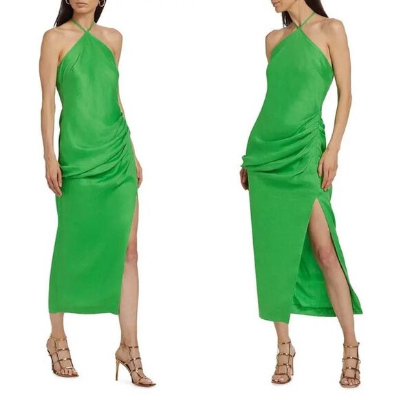 NWT Simkhai Hansel Halter Neck Linen Sleeveless Ruched Maxi Dress Parakeet Sz 2 - Picture 1 of 7